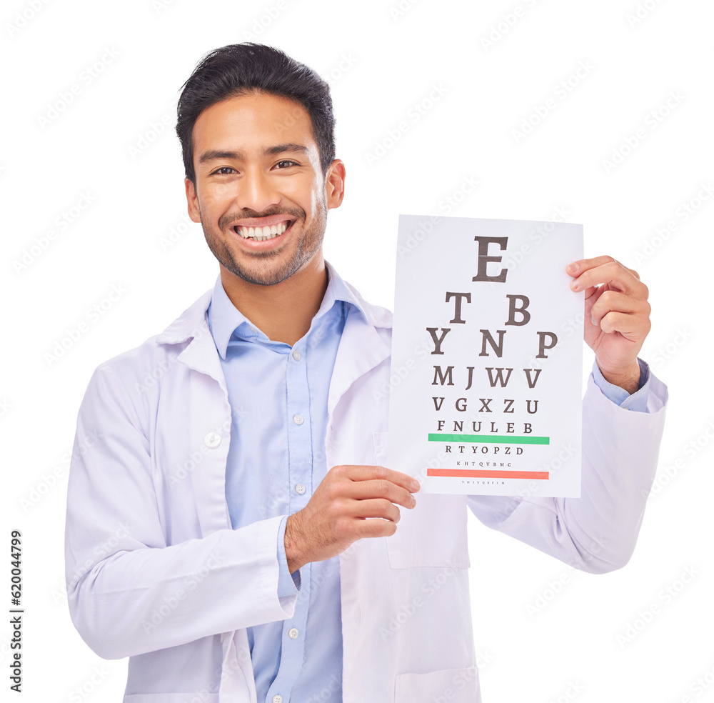 Optometry, eye exam and portrait of optometrist at vision clinic for reading assessment and eyesight