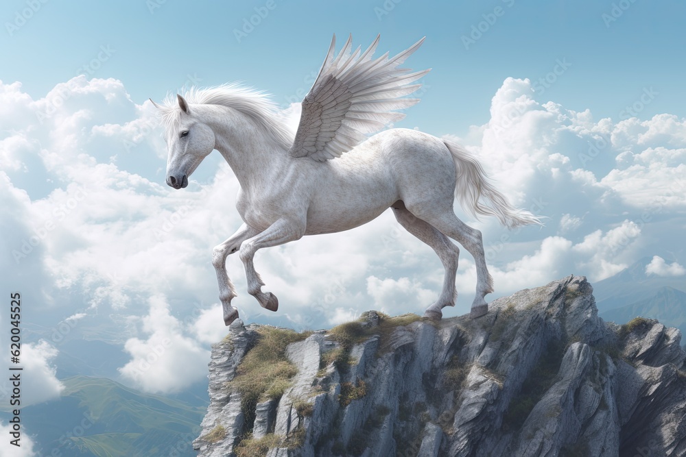 A unicorn, White pegasus unicorn in a cliff high above the clouds. Generative Ai