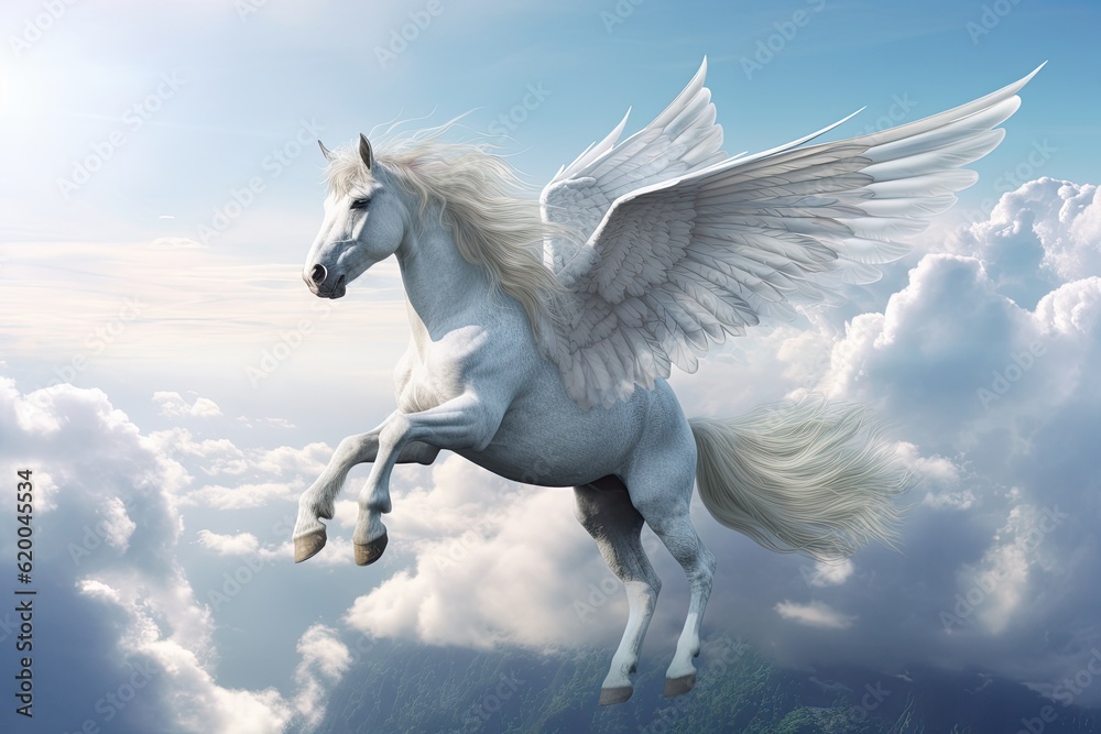 A unicorn, Majestic Pegasus horse flying high above the clouds. Flight of the Pegasus. Generative Ai