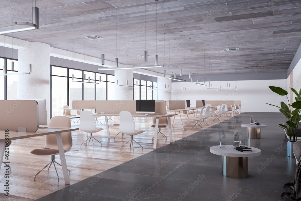 Clean concrete and wooden coworking office room interior with partitions, equipment, furniture, wind