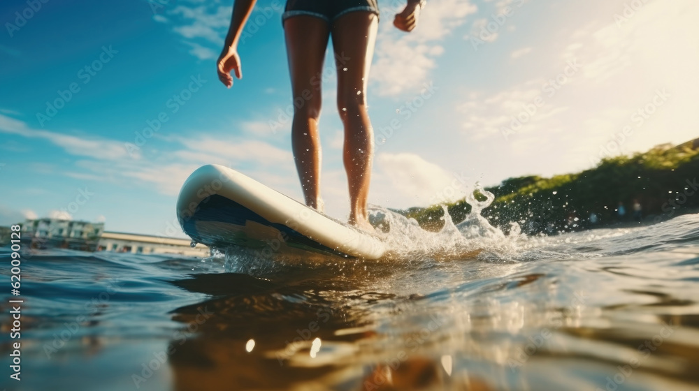Close up athletic legs of young woman who active rides wave on surf style wakeboard, Many water drop