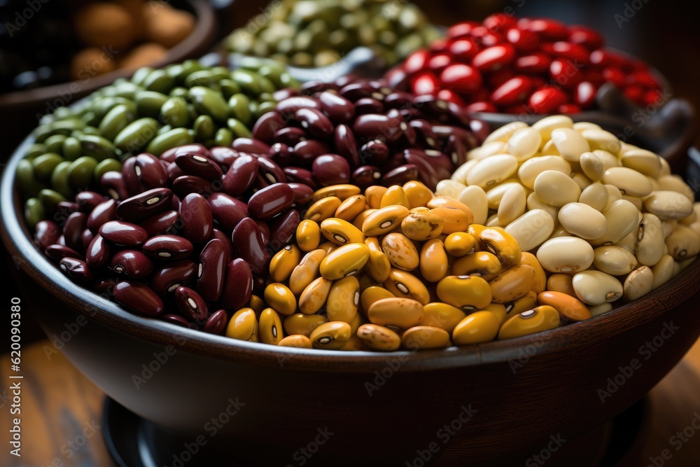 Dry Organic Assorted Bean, Colorful organic beans on a burgundy background, Many variety of beans.