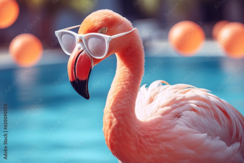Flamingo and summer concept, Sand and sea, Tropical animal flamingos, Travel vacation and lifestyle.