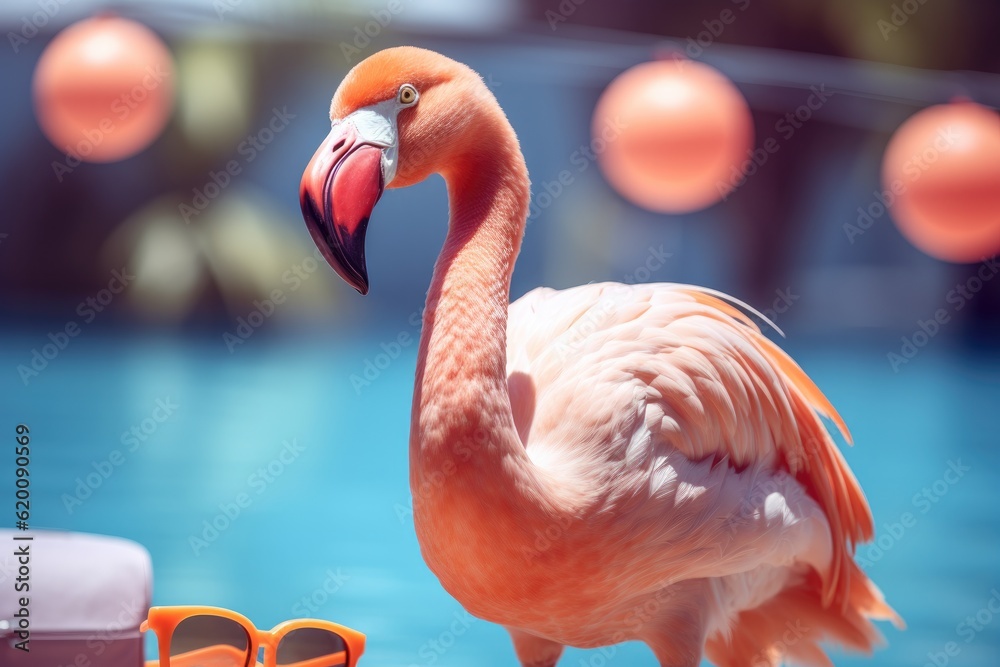 Flamingo and summer concept, Sand and sea, Tropical animal flamingos, Travel vacation and lifestyle.
