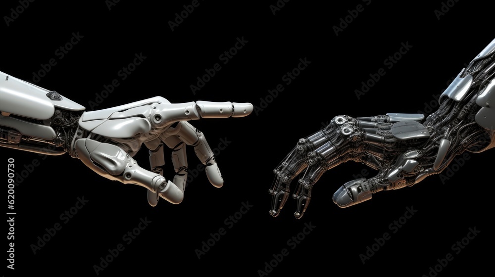 Robot connect to human, Human and robot hands reaching out and touching with index fingers.
