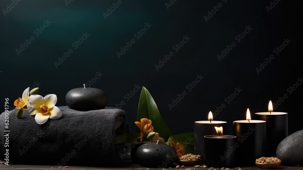 Scented candles and accessories for spa treatments on a dark background, Zen stones.