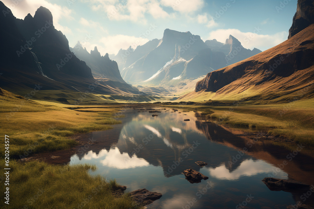 Beautiful landscape high mountains with illuminated peaks mountain lake reflection blue sky sunlight