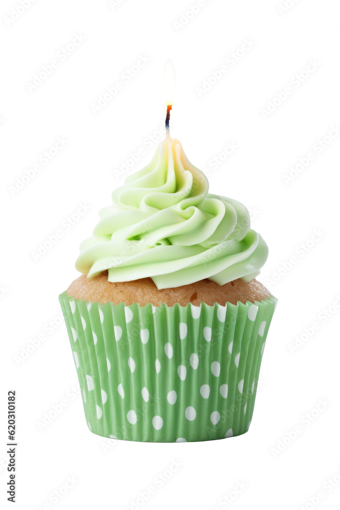 Green Birthday Cupcake. Illustration AI Generative.