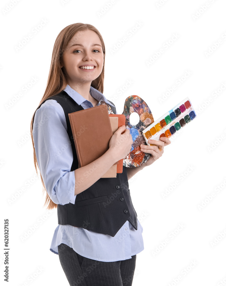 Drawing teacher with books, palette and paints on white background