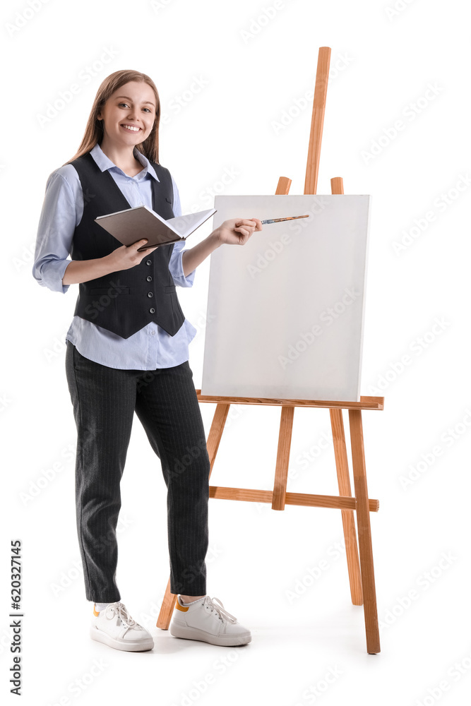 Drawing teacher with book, brush and easel on white background