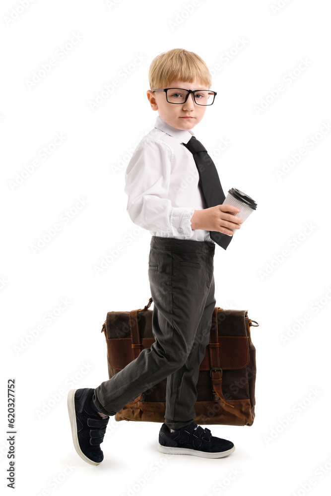 Funny little businessman with cup of coffee and briefcase on white background