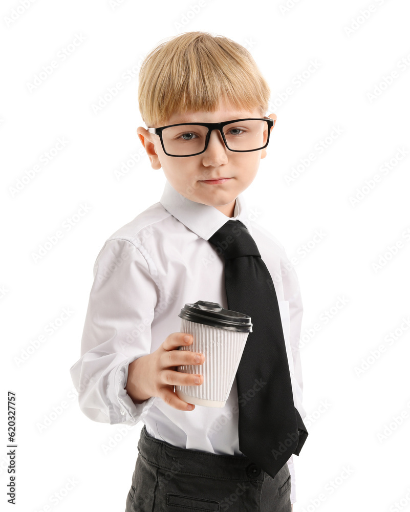 Funny little businessman with cup of coffee on white background