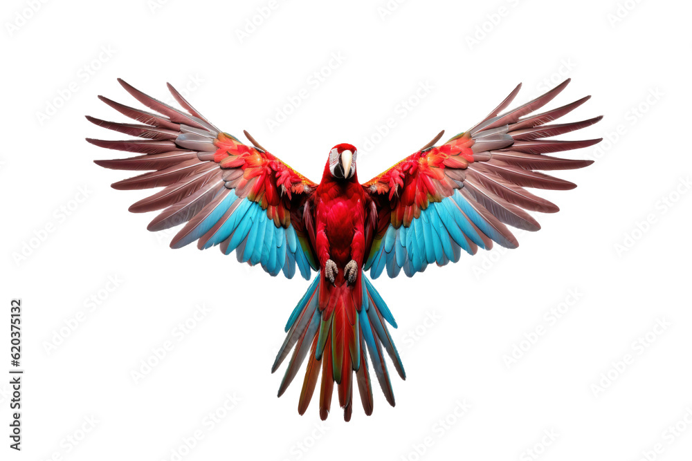 Flying vibrant red parrot, separated on a transparent background. Brilliant crimson and azure South 