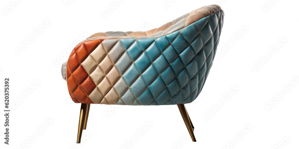 A quilted fabric armchair in a traditional Art Deco design is featured on ornamental brass legs. The