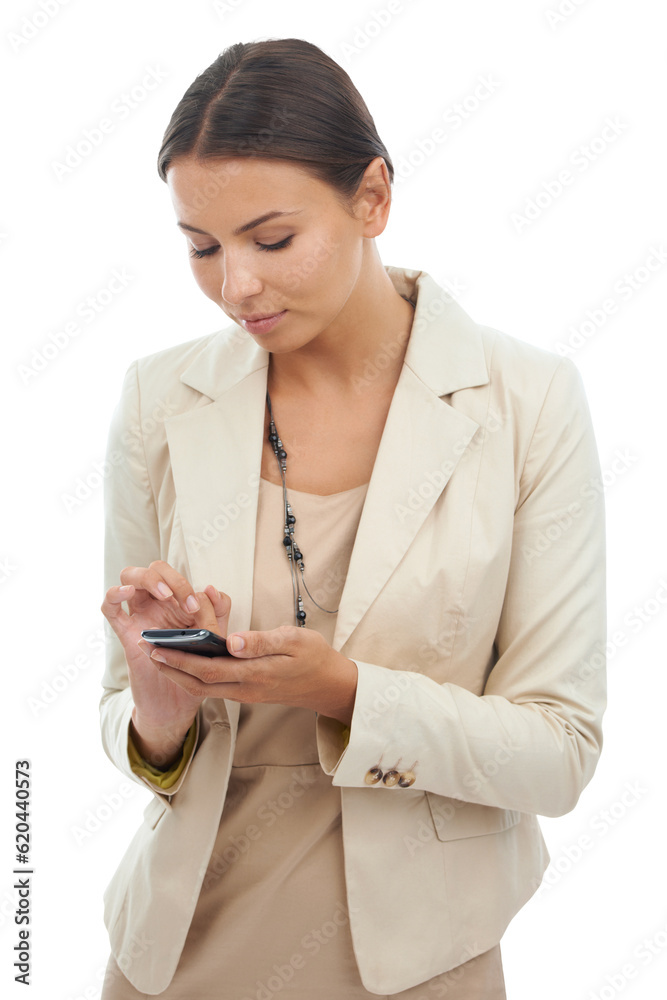 Business woman, phone and chatting for communication standing isolated on a transparent PNG backgrou