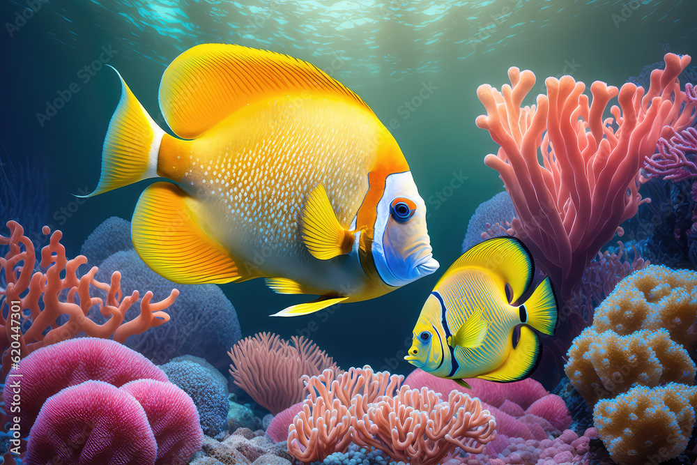 Animals of the underwater sea world. Ecosystem. Colorful tropical fish. Life in the coral reef. (ai 