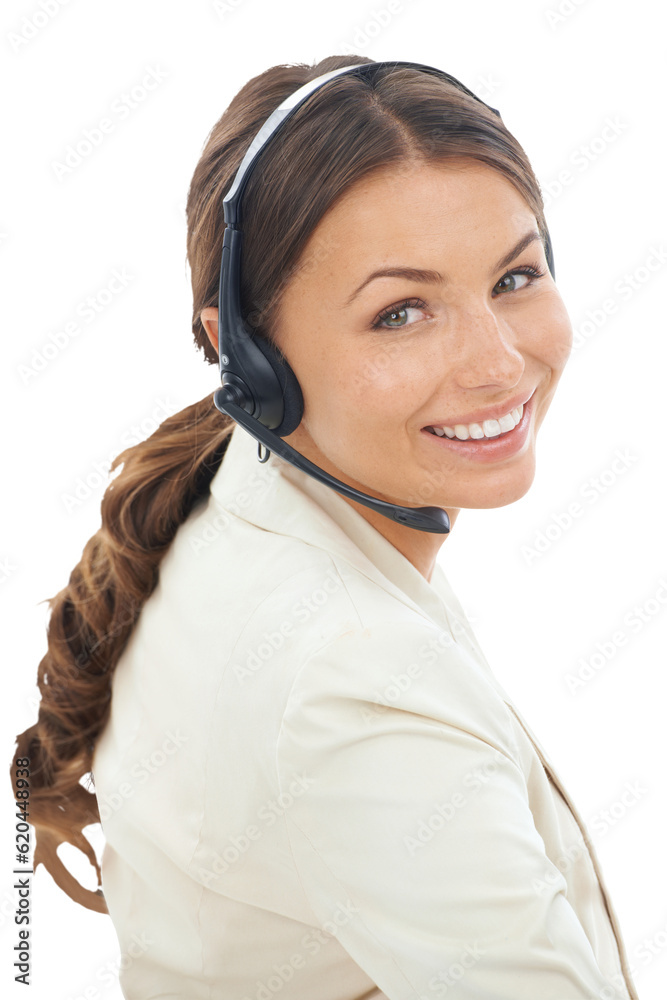 Call center, portrait of woman and smile of customer support, contact us or isolated on transparent 