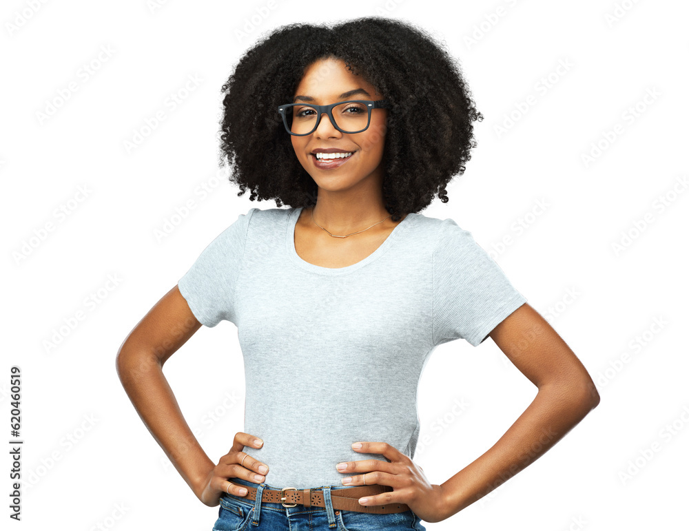 Portrait, happy and black woman with glasses, confidence and fashion isolated on a transparent png b