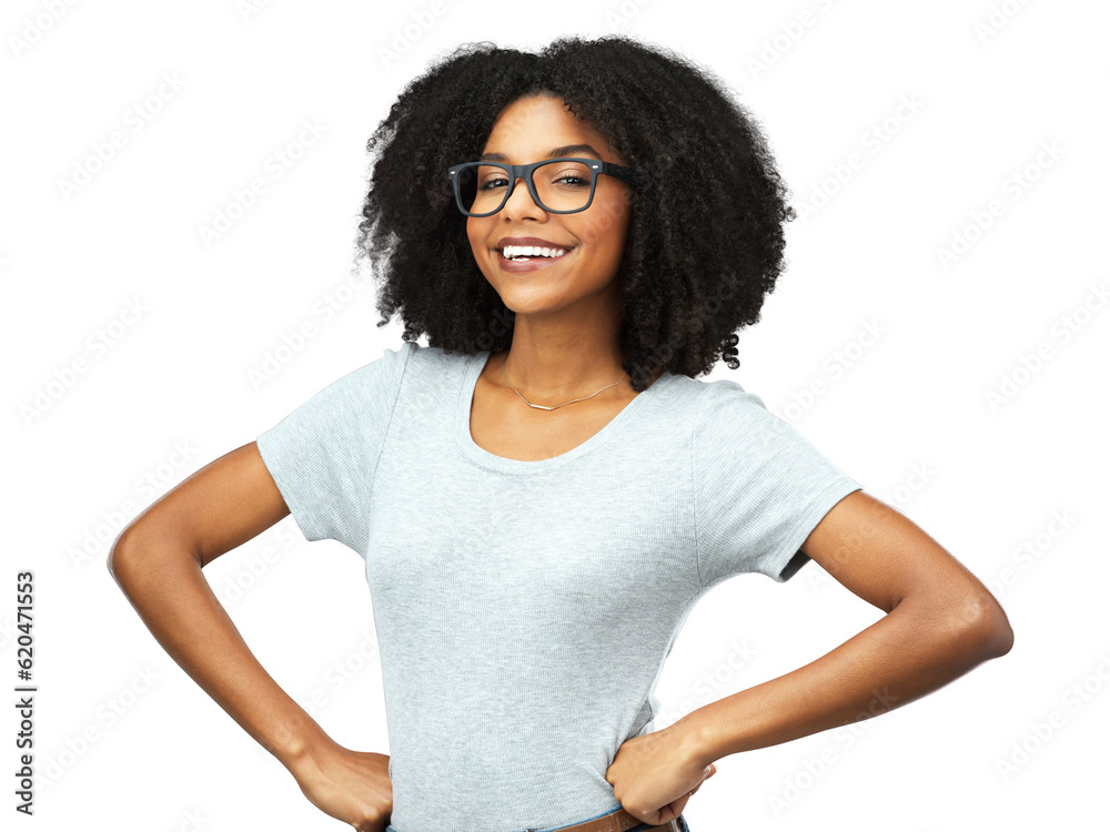 Portrait, smile and black woman with glasses, confidence and fashion isolated on a transparent png b