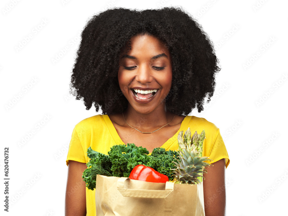 Health, shopping and food with black woman on png and grocery for supermarket, vegetables and retail
