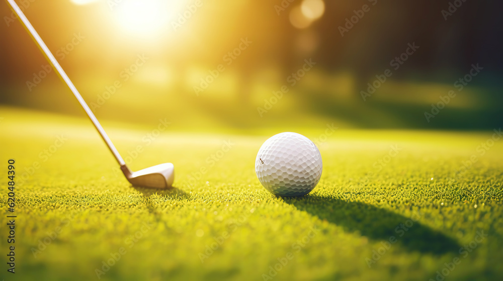 Golf club and golf ball on green grass background. Blurred backdrop. Outdoor sport on a sunny day. G