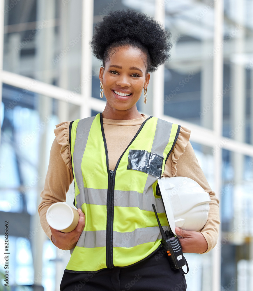 Black woman, blueprint or portrait of architect on construction site for project management. Enginee