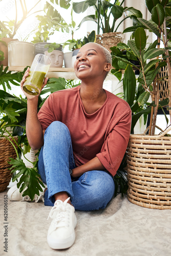 Healthy, black woman and green juice for nutrition or wellness with smile for diet in home with plan