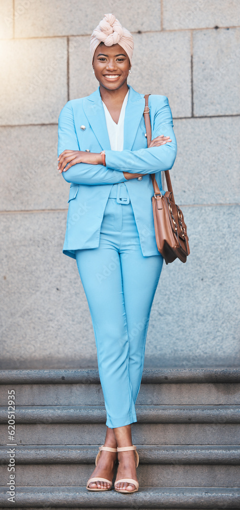 Crossed arms, smile and portrait of businesswoman on stairs in the city by her office building. Happ