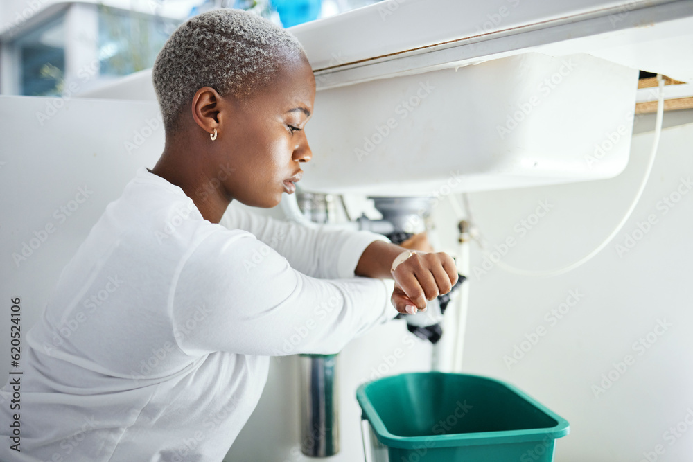 Plumbing, leak and time with a black woman in the bathroom of her home waiting for repair assistance