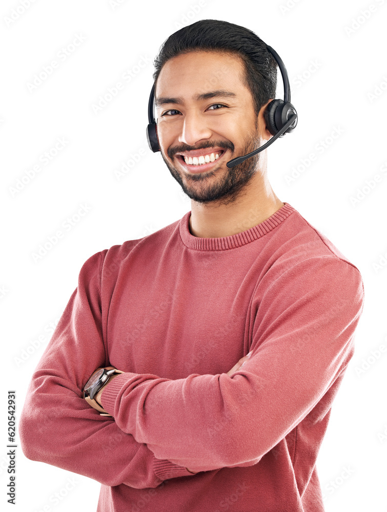 Call center, arms crossed and smile with portrait of man on png for customer service, networking and