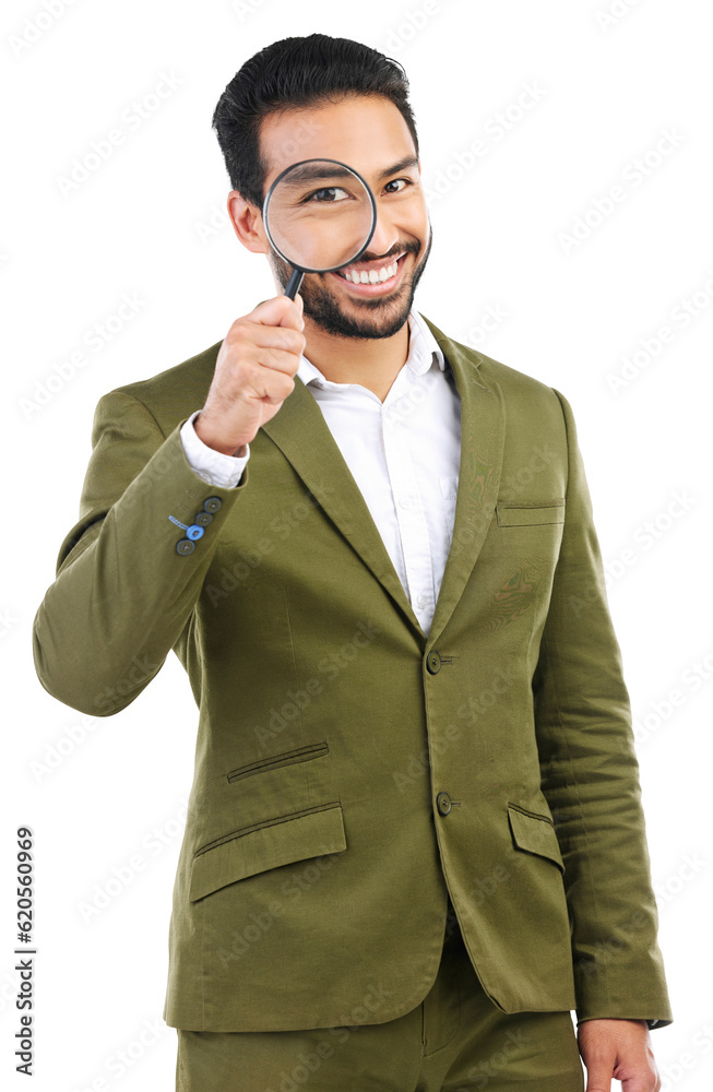 Magnifying glass, eye and portrait of business man smile for corporate investigation, tax audit or c