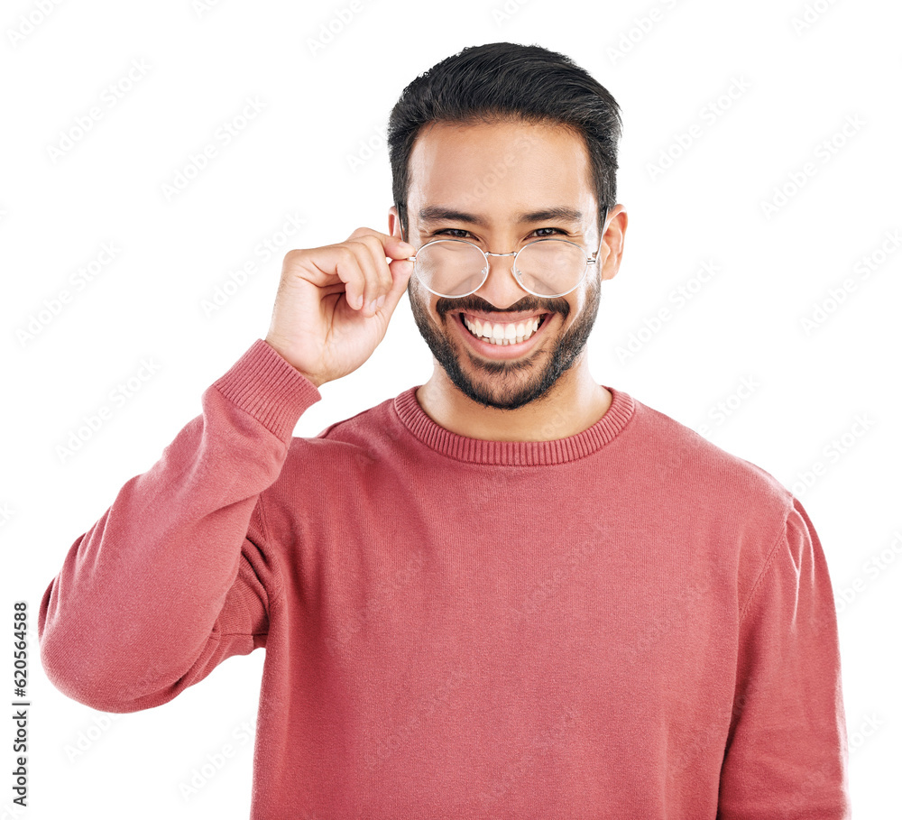 Portrait, smile and asian man with glasses or happy in png or isolated and transparent background. F