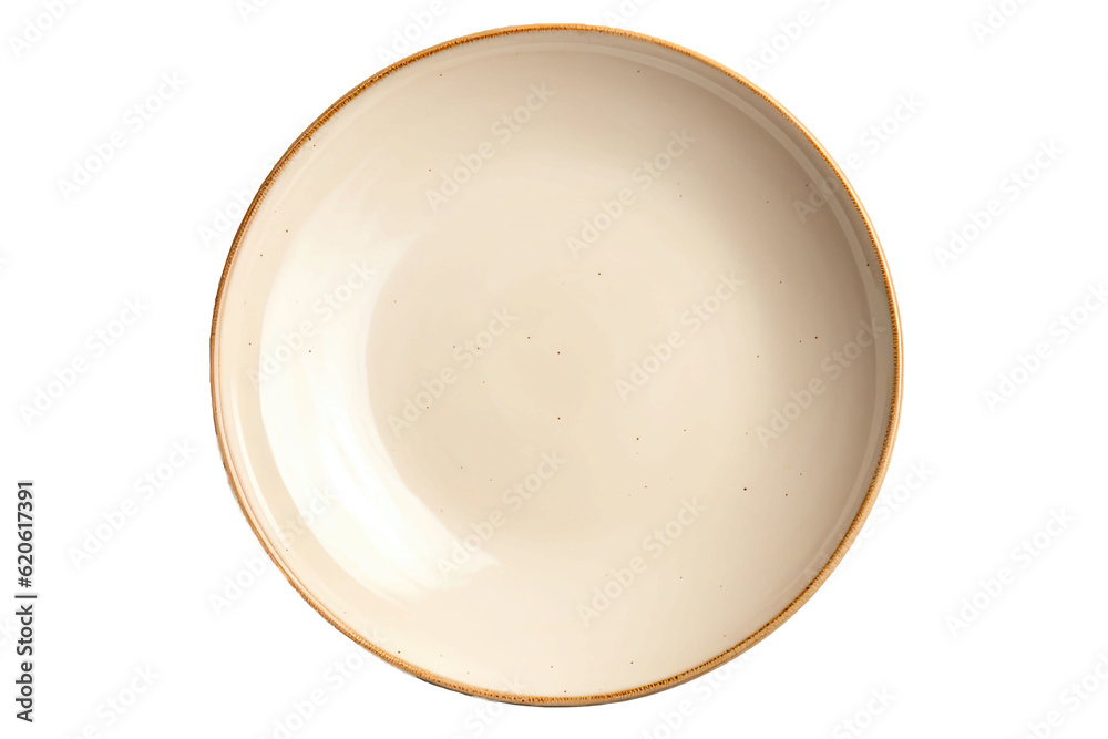An empty circular ceramic plate, with no contents, can be seen in isolation against a transparent ba
