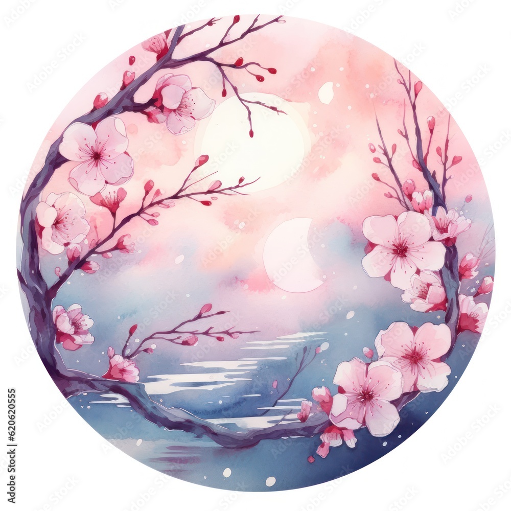 Watercolor frame with sakura flowers. Illustration AI Generative.