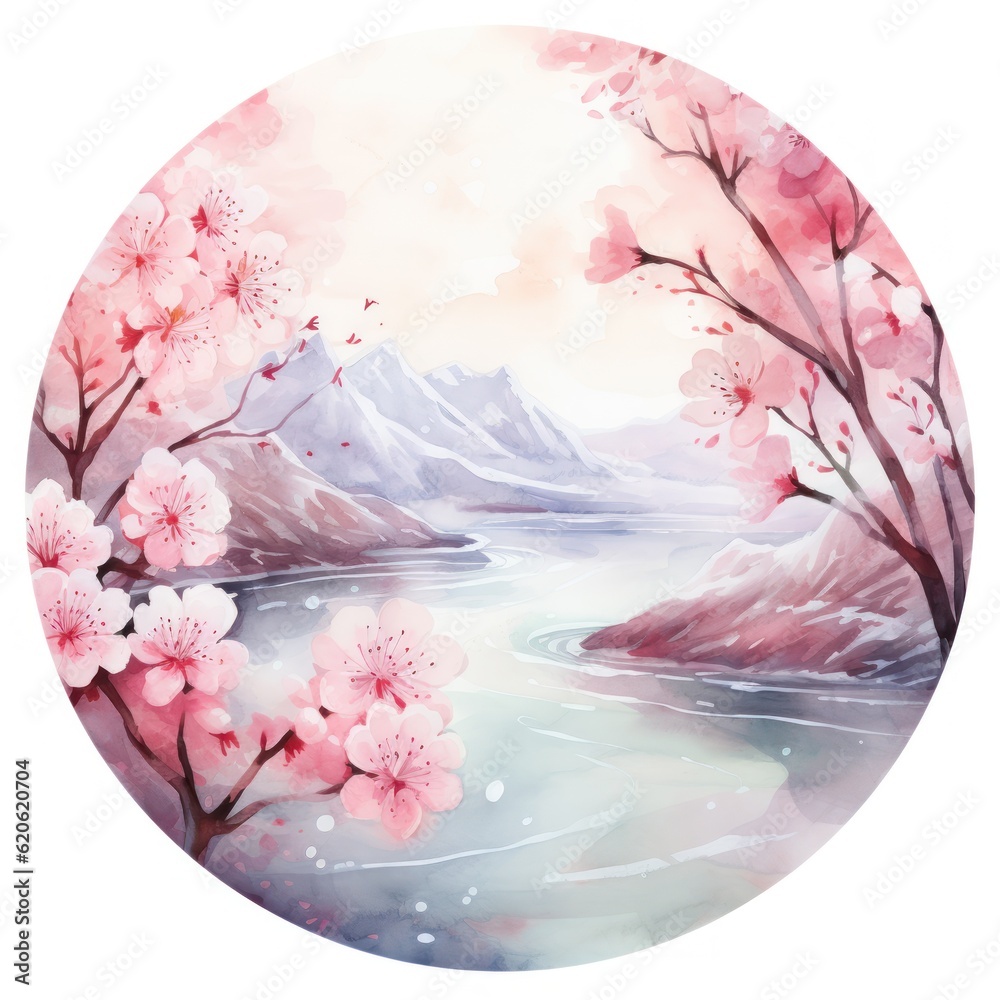 Watercolor frame with sakura flowers. Illustration AI Generative.