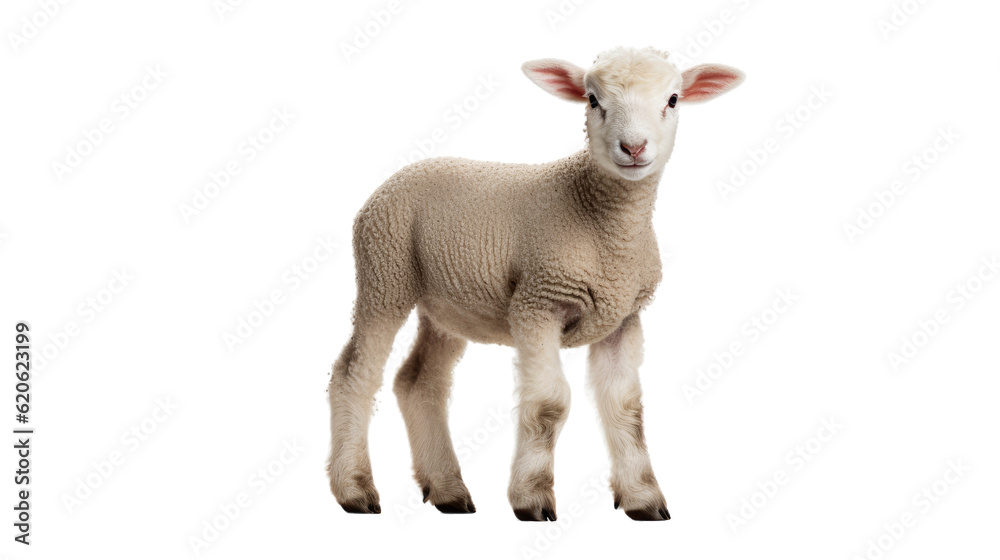 A lamb, which is a young sheep, stands alone on a transparent background and gazes directly at the c