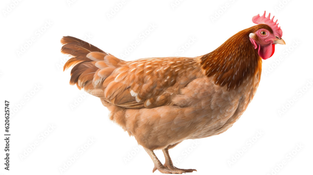 Entire body of a brown chicken, a female poultry, standing alone on a transparent background. Suitab