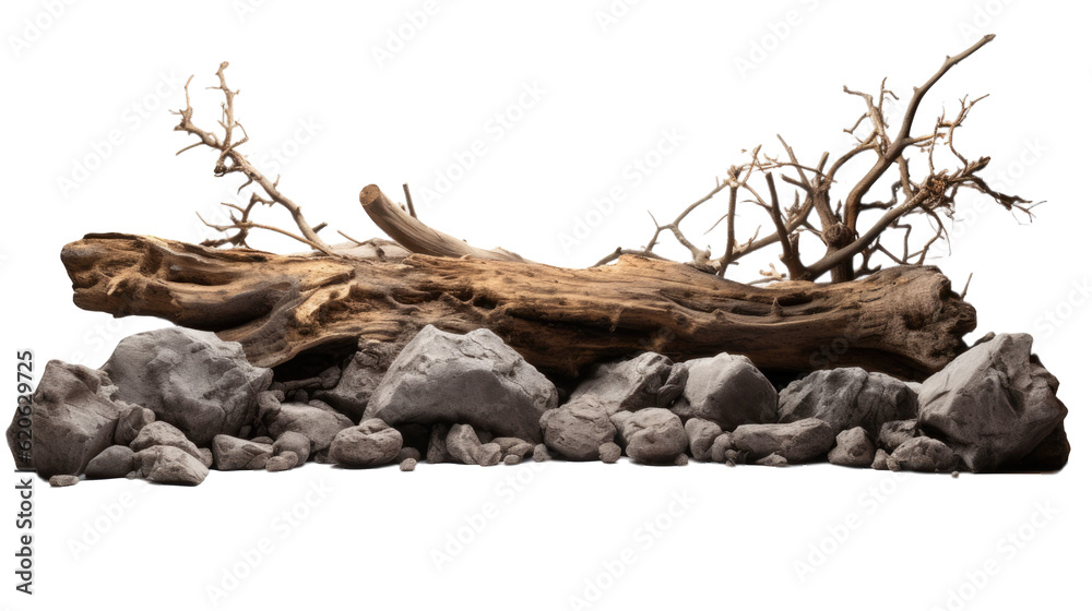 Decayed branches with decorative appearance in the ground, heap of soil and rocks, timber suitable f