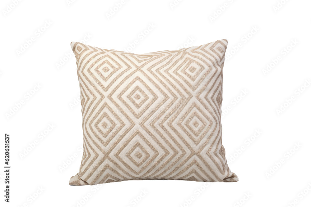 A visually appealing pillow with a geometric design in shades of beige and white, presented alone on