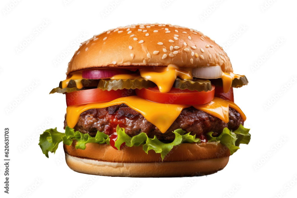 Classic burger with American cheese, showcasing a perfect hamburger, isolated on a transparent backg