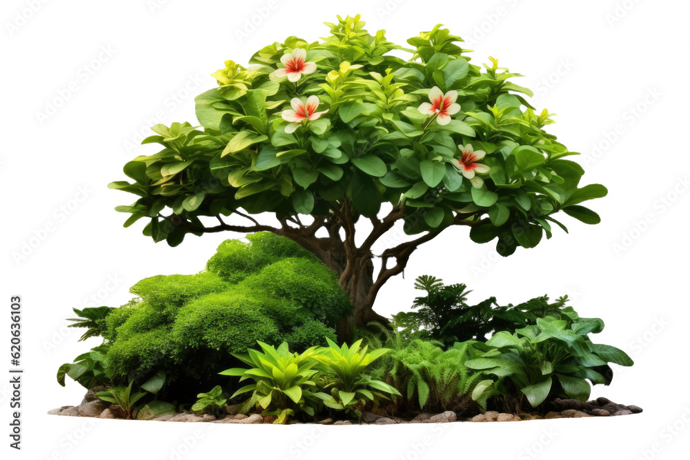 A tropical plant featuring an isolated shrub, a green tree, and a flower bush, with a clipping path.