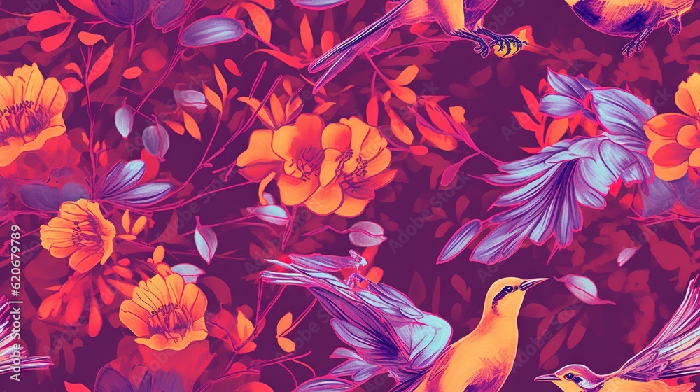  a painting of a bird and flowers on a purple and red background with a yellow and purple bird flyin