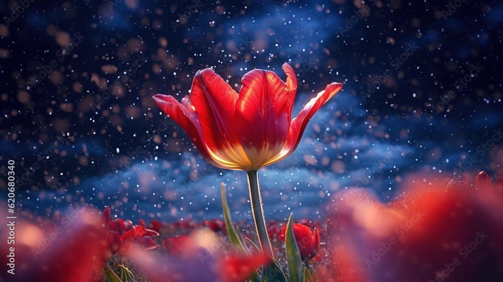  a single red flower in a field of red flowers with a blue sky in the background with snow falling o