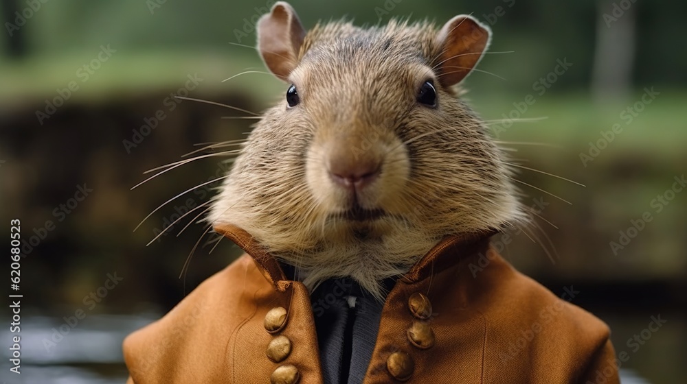  a rodent wearing a brown jacket and a black tie with gold buttons on its collar and ears, standing