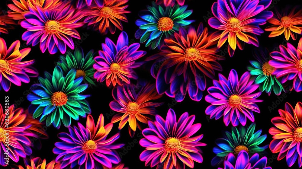  a bunch of flowers that are on a black background with a red center and a green center on the cente