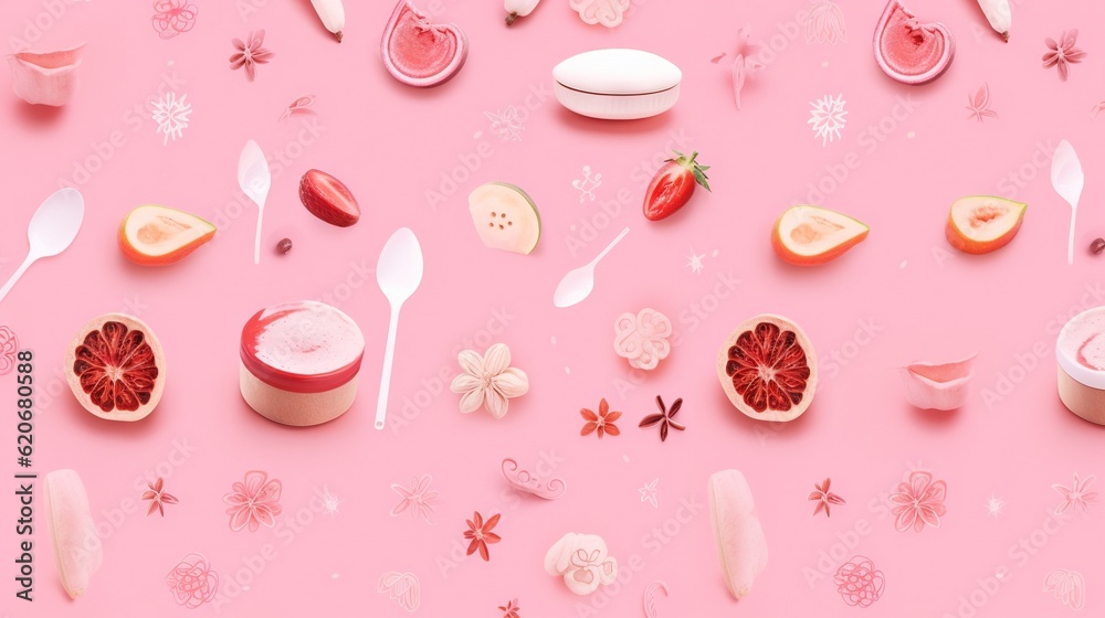  a pink surface with various fruits and spoons on it, including a grapefruit, a strawberry, and a ki