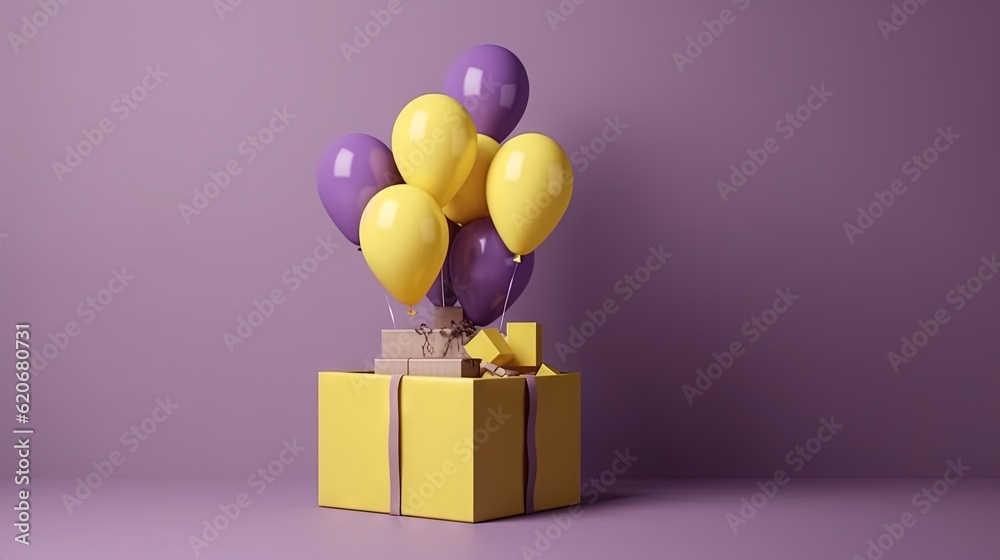  a box with a bunch of balloons in it on a purple surface with a purple wall in the background and a