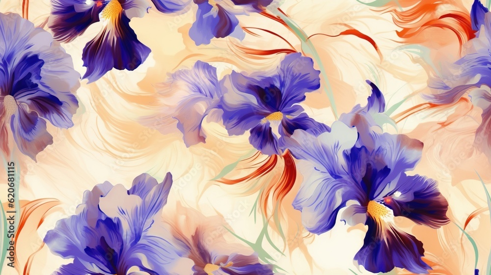  a painting of blue flowers on a white background with orange and blue swirls on the bottom of the i
