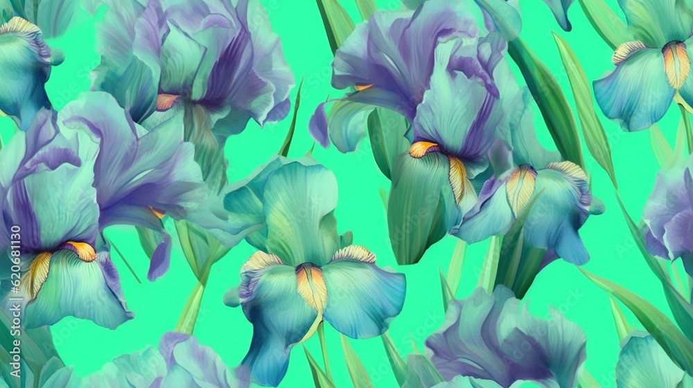  a painting of blue flowers with green stems on a green background with a blue sky in the background