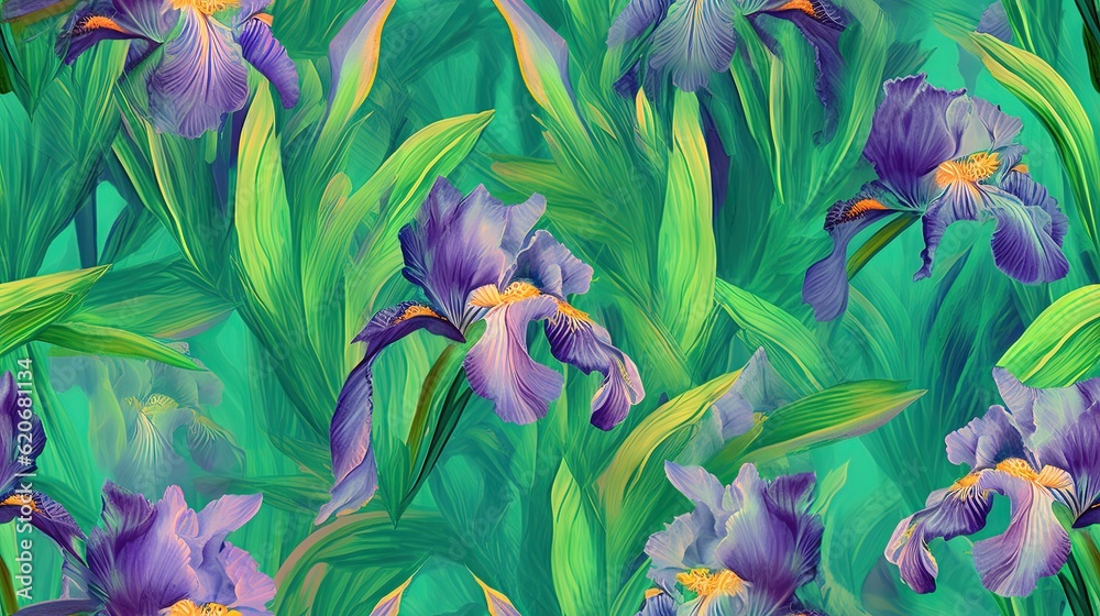  a painting of purple irises in a green field with leaves on a blue background with a yellow stamene